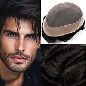 Mens Toupee Fine Mono Hairpiece Human Hair Replacement System Darkest Brown 8x10 - Picture 1 of 7