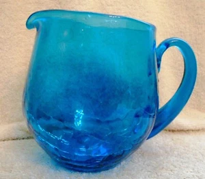 Vintage Blenko Crackle Glass Peacock or Aqua Squat Pitcher 1950's 5 5/8 Inches - Picture 1 of 7