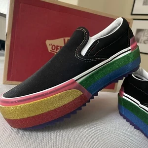W 7 ๐ Vans Classic Slip-On Stacked Platform Rainbow Glitter Shoes Women's 7 US - Picture 1 of 12