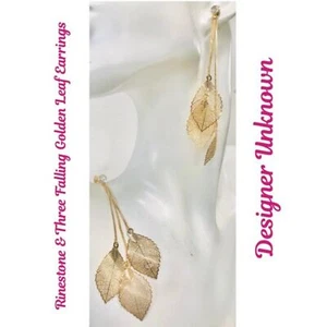 NWOT Rhinestone Three Falling Golden Leaf pierced Earrings - Picture 1 of 3