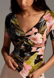 Favorite Daughter The Bad Decisions Ruched Crop Top Women's M Floral V-neck - Picture 1 of 8