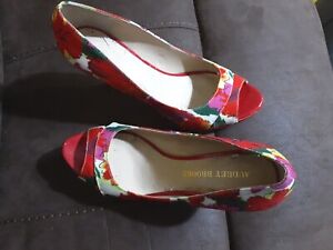 EUC Audrey Brooke MULTICOLOR Floral Shoes Peep OPEN Toe Heels Platform SZ 6.5 M