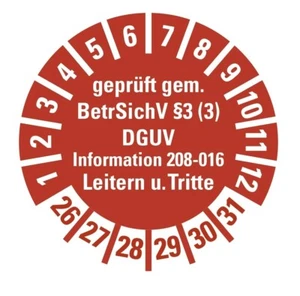 100x Prüfplakette "Leitern/Tritte, BetrSichV §3.. 26-31" Aufkleber, rot Ø15-40mm - Bild 1 von 1