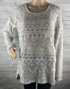 By Design Suéter XL Gris Pálido Crochet Blanco Encaje Tejido Abierto Ligero Bohemio - Imagen 1 de 12
