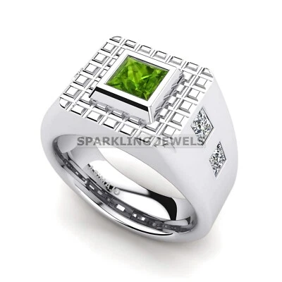 Peridot Square Cut Gemstone With 925 Sterling Silver Ring For Men #D204 - Image 1 of 4