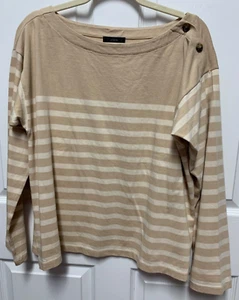 J Crew top size L tan Striped boat neck button closure NWT long sleeve cotton - Picture 1 of 8