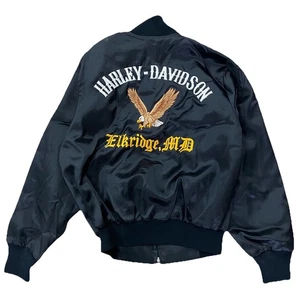 Vintage 80s Harley Davidson Satin Bomber Jacket Small Black USA Eagle Biker S MD - Picture 1 of 13