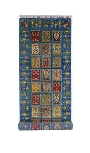 Hand-Knotted Kazak Bakhtiari Afghani Wool Rug I Blue 2'7" x 10' - Picture 1 of 7