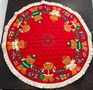 Vintage Christmas Tree Skirt Red Quilted Teddy Bear Santa Angel 34 Inch - Picture 1 of 4
