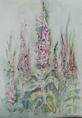 Original impressionist watercolour and ink painting of 'Foxgloves'  pink flowers - Image 1 of 3