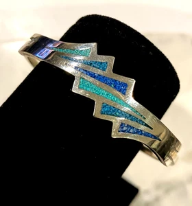 Alpaca Silver Cuff Blue Green Turquoise Hook Oval Bangle Bracelet 6.5" - Picture 1 of 6
