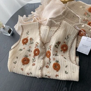 Spring Women Handmade Crochet Vintage Jacquard Crochet Vest Waistcoat Tops - Picture 1 of 16