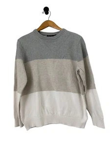Nautica Mens Sweater Size L Gray Beige Striped 100% Cotton Crewneck Long Sleeve - Picture 1 of 7