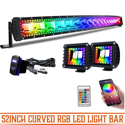 52" Curved LED Light Bar+4'' LED Pods Fog lights For Truck Pickup ATV RGB Roof Foto 1 de 4