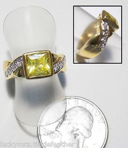 Square Princess-Cut Green Peridot Crystal Ring w/Clear Accents, GP Band, 6 - Picture 1 of 3