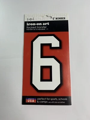 SEI White Flocked Transfer 5 inch Number 6 Iron-on Art 885517 varsity athlete - Image 1 of 2