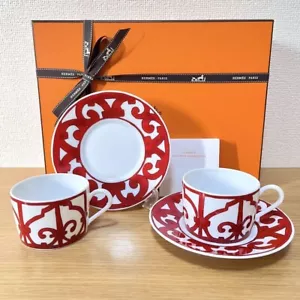 HERMES PARIS BALCON DU GUADALQUIVIR PAR OF TEACUPS & SAUCERS - RED - Picture 1 of 4