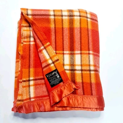 Warrnambool Pure New Wool Orange Check Satin Trim Vintage Blanket 192cm x 216cm - Image 1 of 4