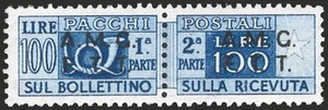 1947 Trieste A, Pacchi postali 100 £ azzurro dent. 13¼, n° 9/I. Certificato: CiB - Picture 1 of 1