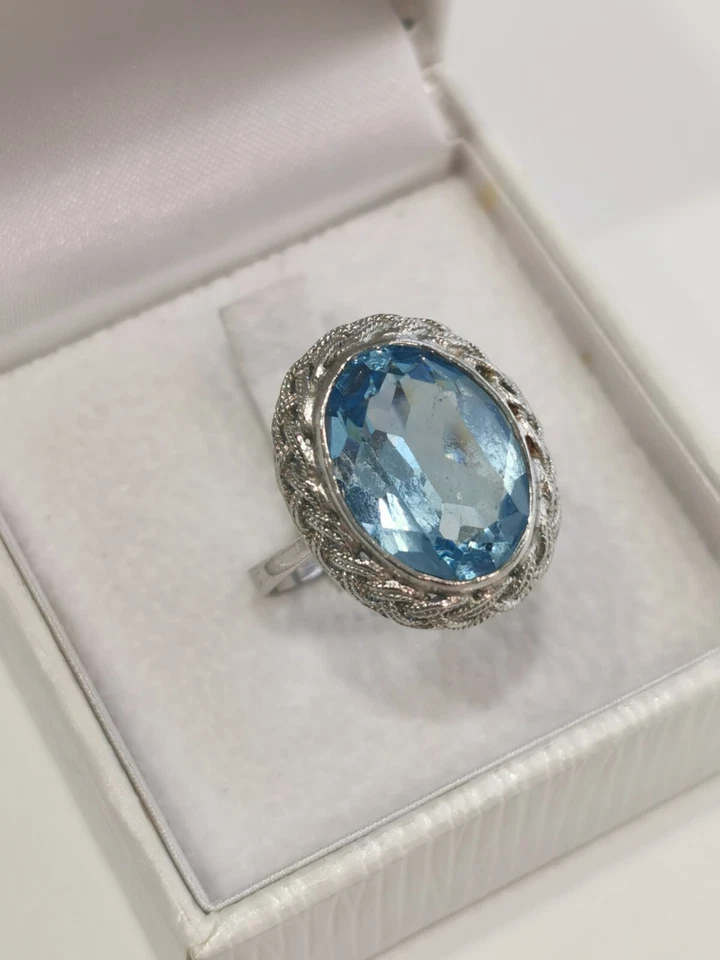 Anello 925 Argento Con Topazio Blu 3,7 Grammi IN Misura 52 Vintage - Immagine 1 di 4