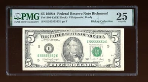 DBR 1988-A $5 Richmond Fr. 1980-E PMG 25 Seven 5s! Binary Serial E55555553E - Picture 1 of 2