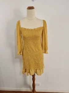 FAITHFULL THE BRAND size 10 yellow check off the shoulder bodycon mini dress - Picture 1 of 9