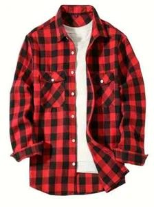 Cotton Lumberjack Long Sleeve Men's Flannel Shirt Brushed Red Plaid Fit - Picture 1 of 16