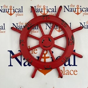 Rueda de barco de madera pintada de 18" - acabado rojo envejecido - rueda de barco de madera grande - Imagen 1 de 7