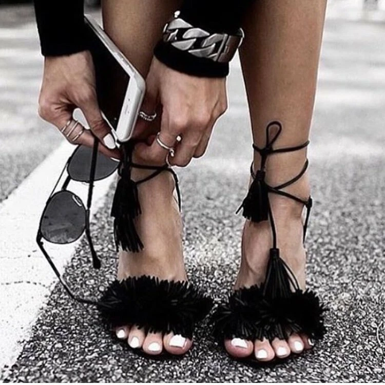 Women Fringe Open Toe Tassel Leg Wrap Lace Up Pump Sandal Chunky Med Low Heel US - Image 1 of 2