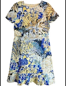 Talbots blau gelb Blumen Leiterstich Rüschensaum Kurzarm Etuikleid 6 - Bild 1 von 10