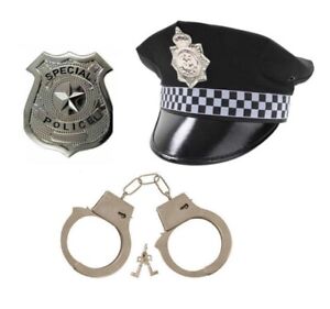 POLICEMAN 3PC SET Police Hat Badge & Handcuffs Peak Cap Fancy Dress Costume