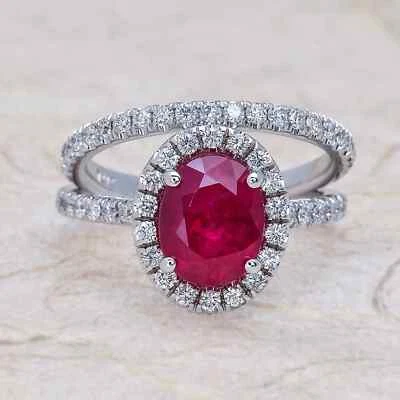 3.05 Ct Oval Cut Natural Red Ruby Diamond Engagement Ring 14K White Gold Size 7 - Image 1 of 4