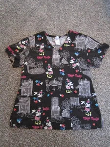 MINNIE MOUSE CAFÉ DISNEY MUJER EXFOLIANTE TOP S PEQUEÑO NEGRO SUAVEMENTE USADO - Imagen 1 de 9