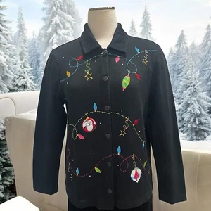Onque Casuals Christmas Lights Embroidered Cardigan L Holiday Sweater Festive - Picture 1 of 7