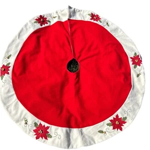 Vtg 90s Tree Skirt Christmas 46" Round Red/Ivory W/Appliqué Poinsettias/ Berries - Picture 1 of 8