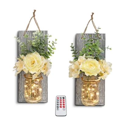Apliques de pared rústicos para decoración de pared, frascos de albañil con luces LED y flores remotas... Foto 1 de 4