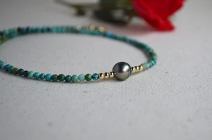 Tahitian Pearl Choker Gold Filled Turquoise Necklace Dainty Pearl Choker For Her - Picture 1 of 12