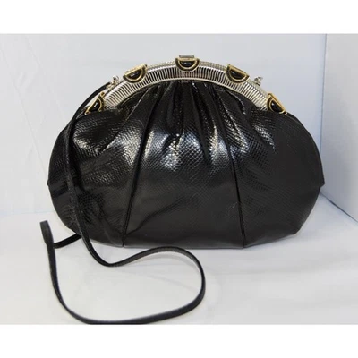 JUDITH LEIBER 设计师艺术装饰黑色玛瑙 Karung 皮革手拿包单肩包 — 第 1/4 张图片