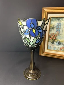 PartyLite Blue Iris Stained Glass Lamp Candle Holder 12” Tall Tiffany Style - Picture 1 of 11