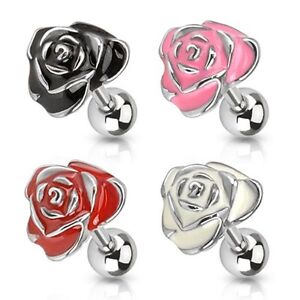 1 316L SURGICAL STEEL ENAMEL PAINTED ROSE TRAGUS CARTILAGE 16G EARRING  1/4"