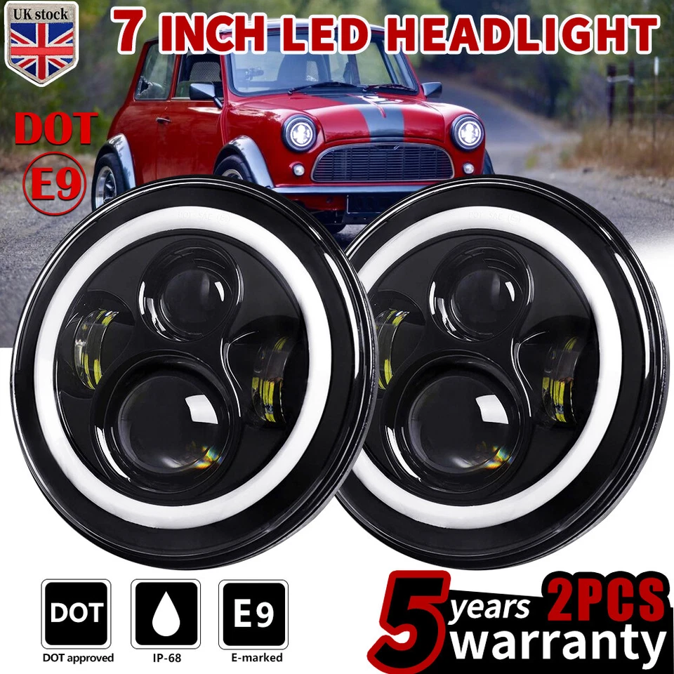 2×7Inch Round LED Headlights Hi/Lo Beam Halo Angle For Classic Rover Mini Austin - Bild 1 von 4