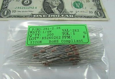 200 resistencias de película de carbono 2,2 kOhm 1/4 vatios 5 % 250 V cables de soldadura axial 291-2,2 K Foto 1 de 4