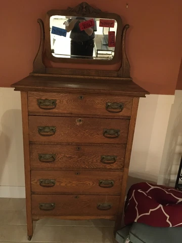 Antique Wood Oak Highboy Dresser Mirror Chest Cover