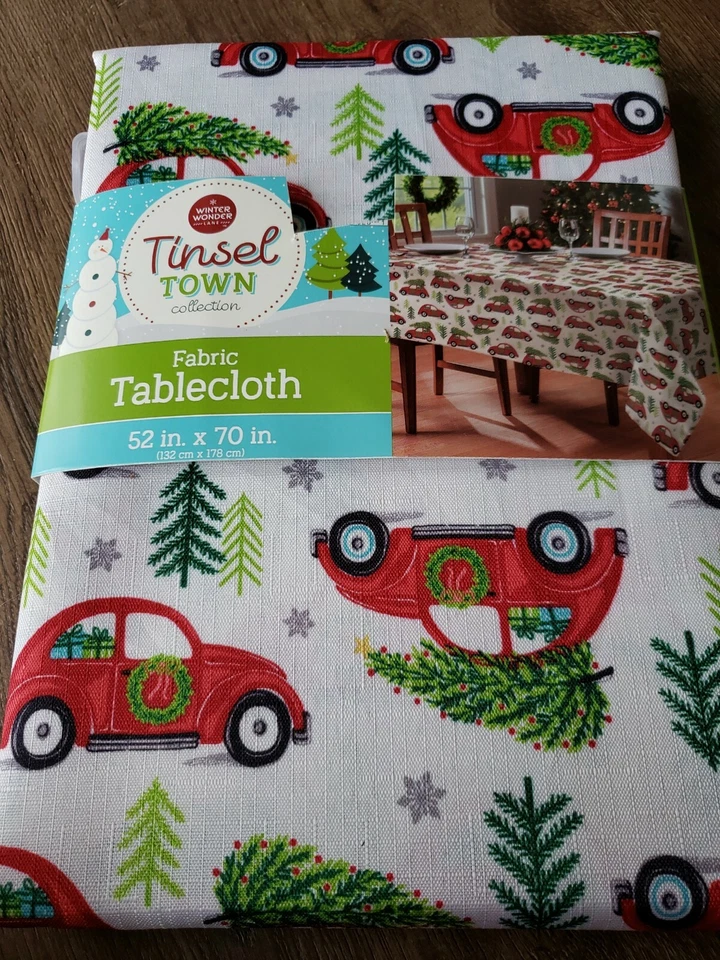 CHRISTMAS Fabric Tablecloth Assortment CLASSIC RED CAR AND TREES 52" X 70" - Image 1 of 1