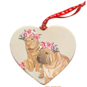 Shar Pei Chinese Dog Porcelain Floral Heart Shaped Ornament Décor Pet Gift - Picture 1 of 2