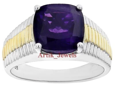 Natural Amethyst Gemstone With 14K White Gold Plated Silver Ring for Men's #448 - Image 1 of 4