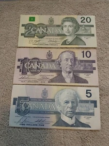 1ea Rare Canadian 20 10 5 Dollar Bill Paper Money Birds Banknotes 1980s readDESC - Bild 1 von 4