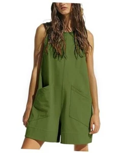Women's Summer Casual Rompers Sleeveless Loose Stretchy Shorts Large Army Green - Picture 1 of 7
