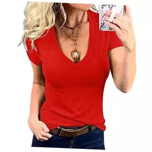 Women Short Sleeve Deep V Neck Tops Shirts Fitted Cotton Summer Medium Red - Picture 1 of 7