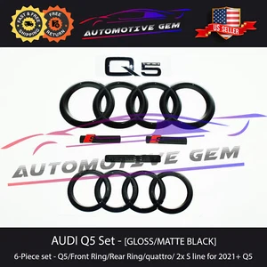 AUDI Q5 Emblem BLACK Front Grille Rear Trunk Ring S Line Quattro Badge Set 2021+ - Picture 1 of 4